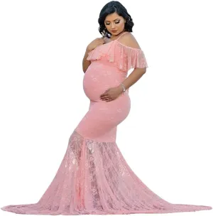 Women Spaghetti Strap Ruffle Floral Lace Maternity Dress for Photography Mermaid Off Shoulder Maternity Dress for Baby Shower