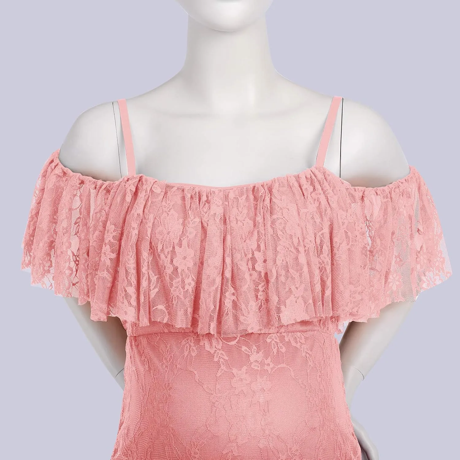 Women Spaghetti Strap Ruffle Floral Lace Maternity Dress for Photography Mermaid Off Shoulder Maternity Dress for Baby Shower