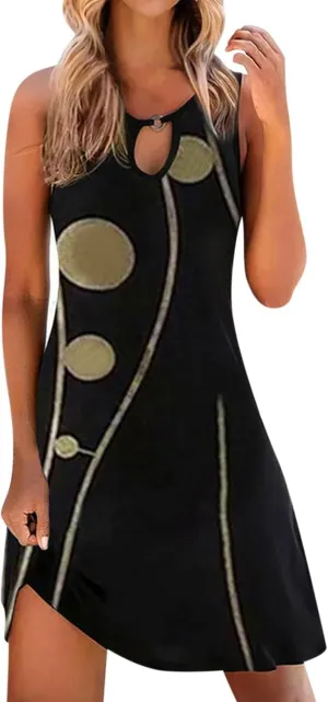 Womens 2023 Summer Tank Dress Sleeveless Keyhole Hollow Round Neck Boho Printed Hem Swing Short Mini Sundress Flowy Trendy
