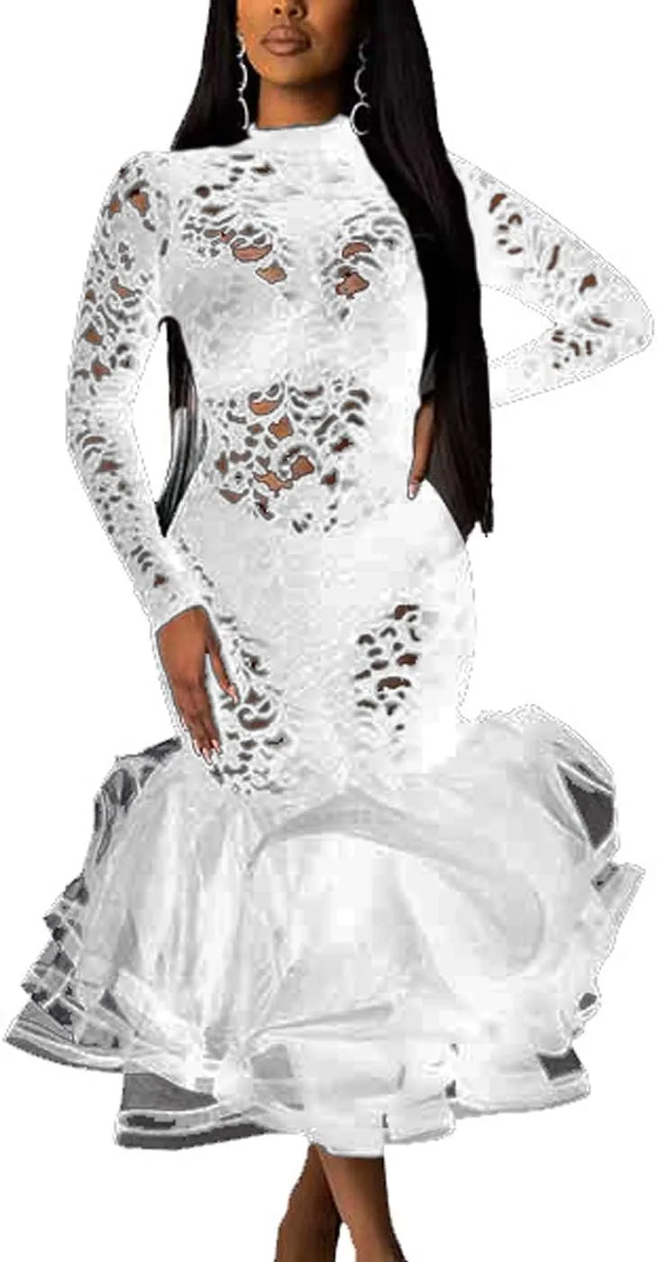 Womens Bodycon Dress Lace Patchwork Ruffles Clubwear Midi Party Dresses