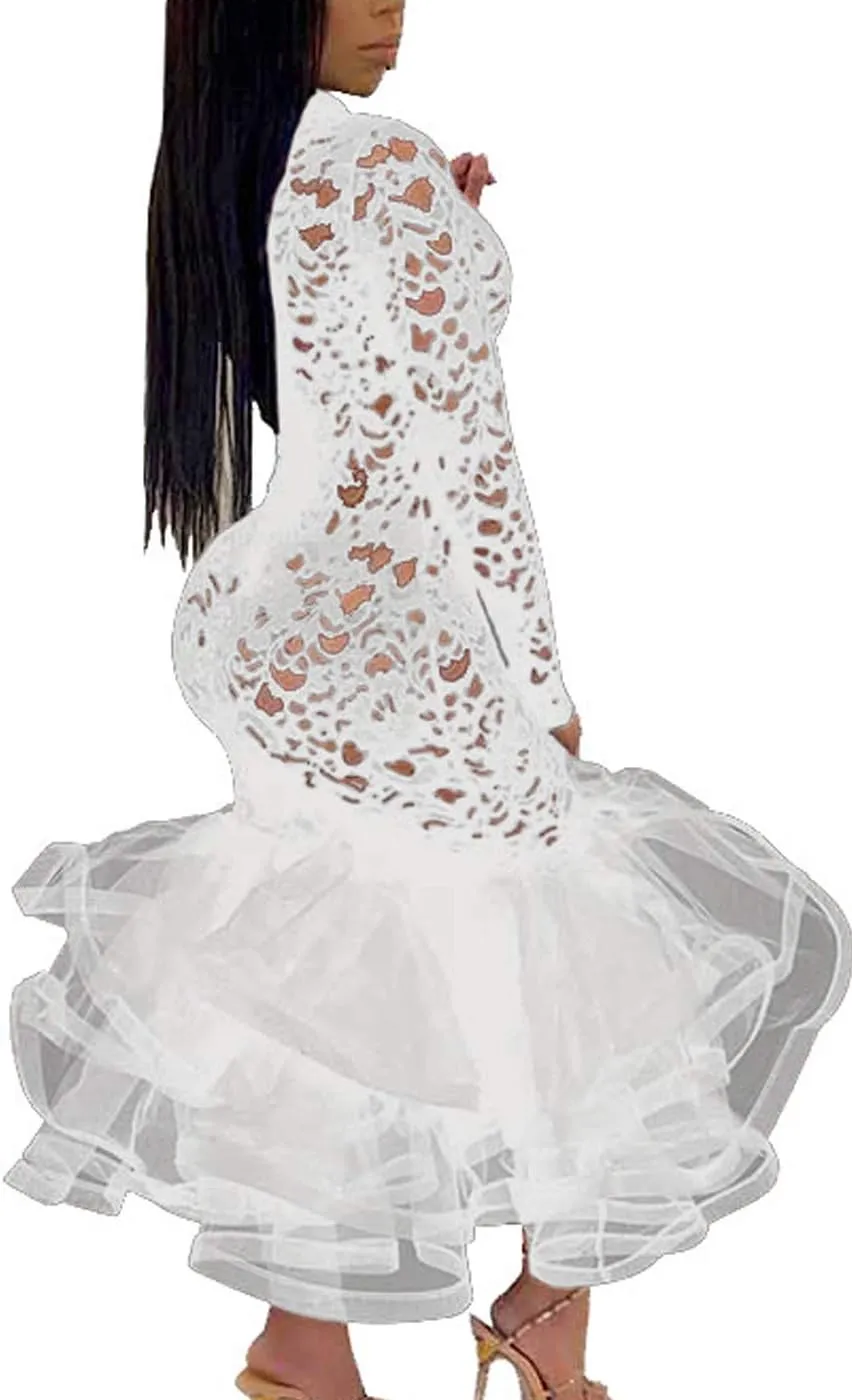 Womens Bodycon Dress Lace Patchwork Ruffles Clubwear Midi Party Dresses