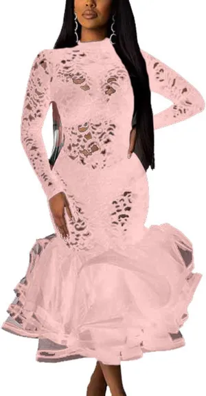 Womens Bodycon Dress Lace Patchwork Ruffles Clubwear Midi Party Dresses