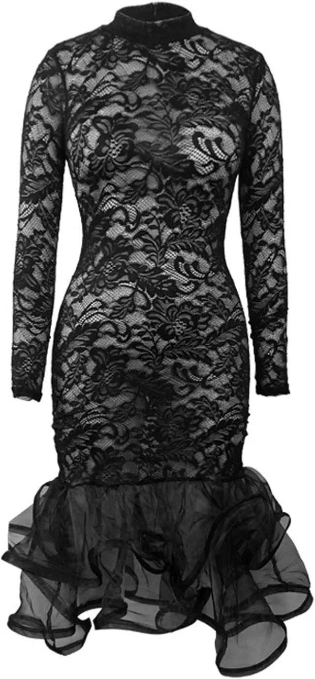 Womens Bodycon Dress Lace Patchwork Ruffles Clubwear Midi Party Dresses