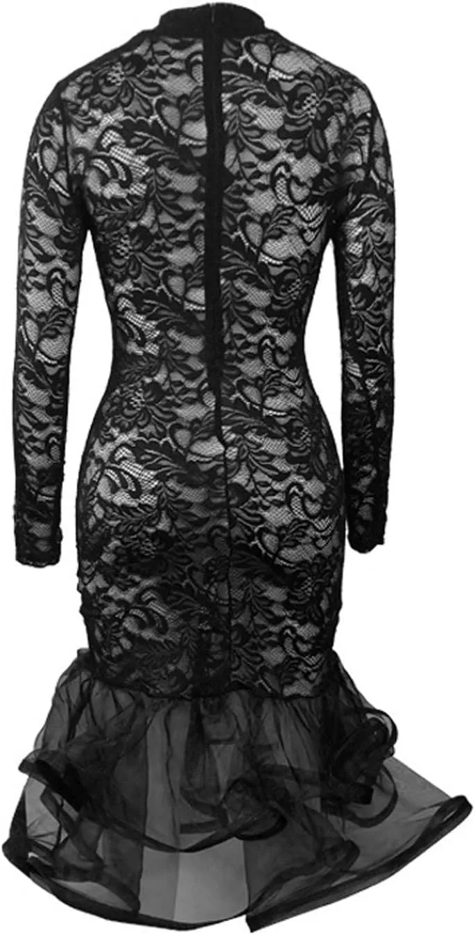 Womens Bodycon Dress Lace Patchwork Ruffles Clubwear Midi Party Dresses