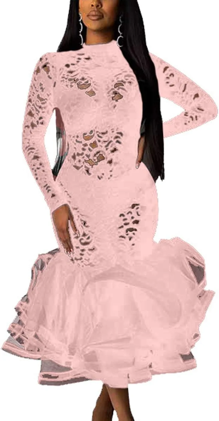 Womens Bodycon Dress Lace Patchwork Ruffles Clubwear Midi Party Dresses