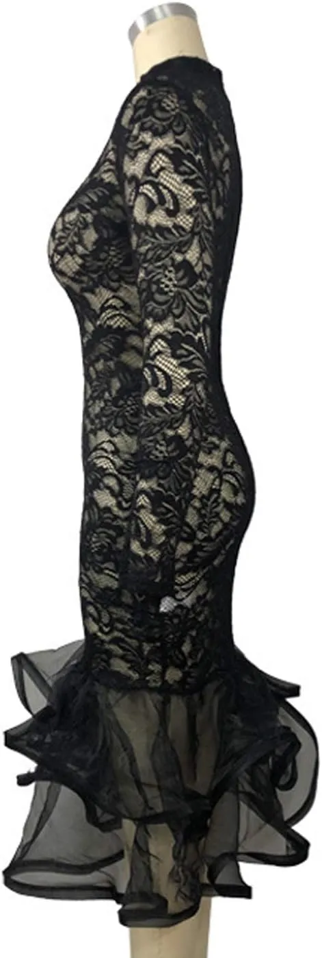 Womens Bodycon Dress Lace Patchwork Ruffles Clubwear Midi Party Dresses