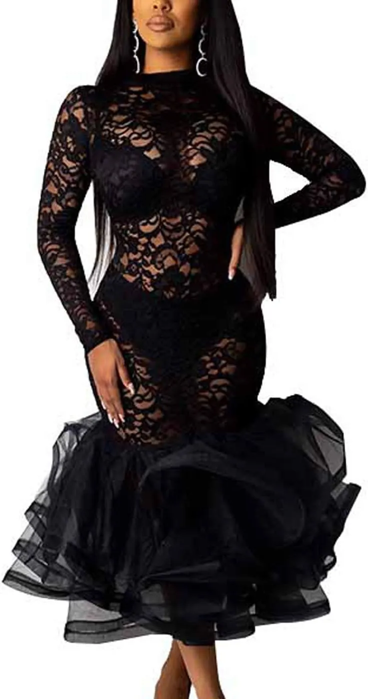 Womens Bodycon Dress Lace Patchwork Ruffles Clubwear Midi Party Dresses