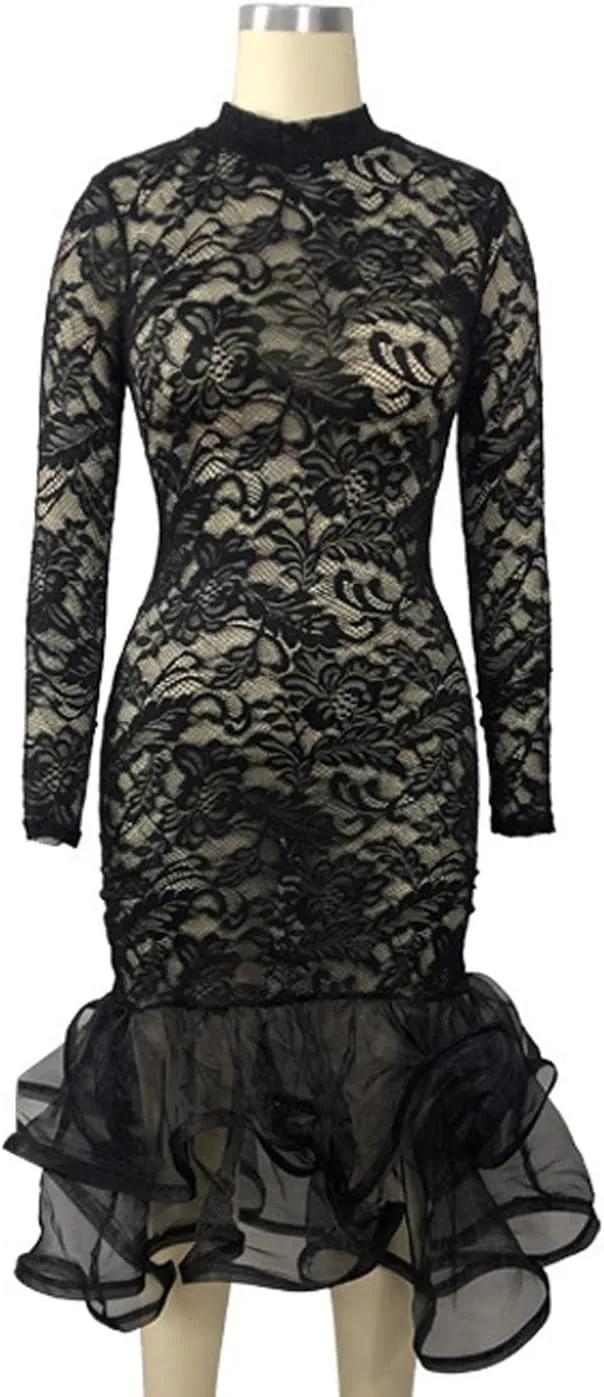 Womens Bodycon Dress Lace Patchwork Ruffles Clubwear Midi Party Dresses