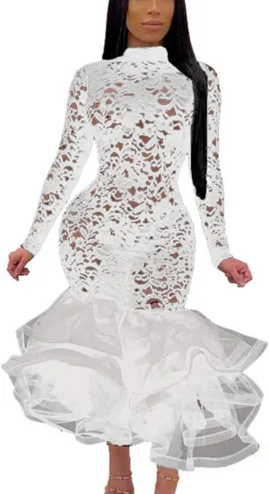 Womens Bodycon Dress Lace Patchwork Ruffles Clubwear Midi Party Dresses