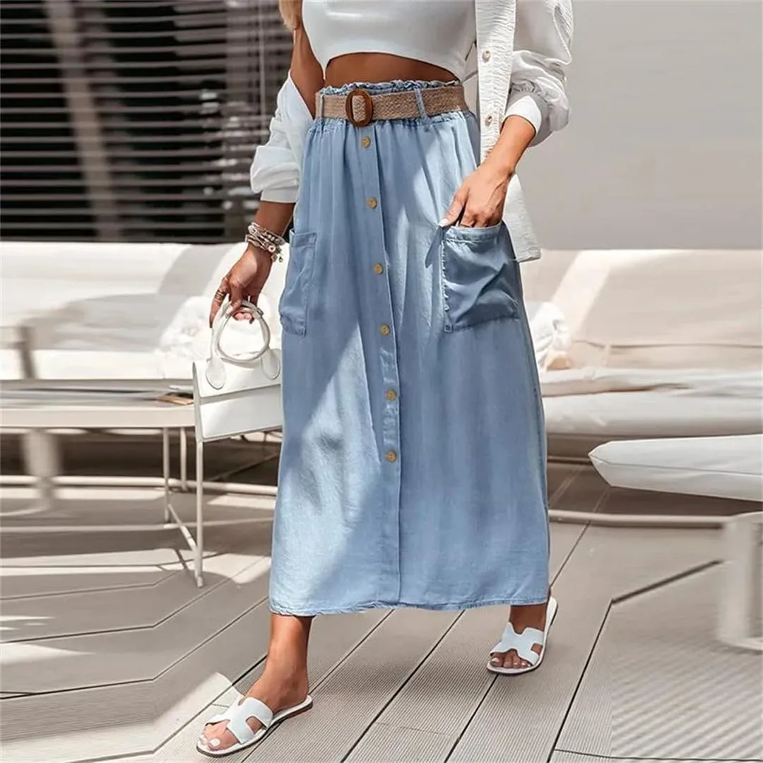 Women's Boho Summer Denim Blue Skirts Solid Color Button Down Maxi Holiday Bottoms Beach Skirts