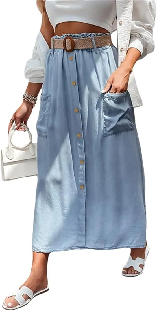 Women's Boho Summer Denim Blue Skirts Solid Color Button Down Maxi Holiday Bottoms Beach Skirts