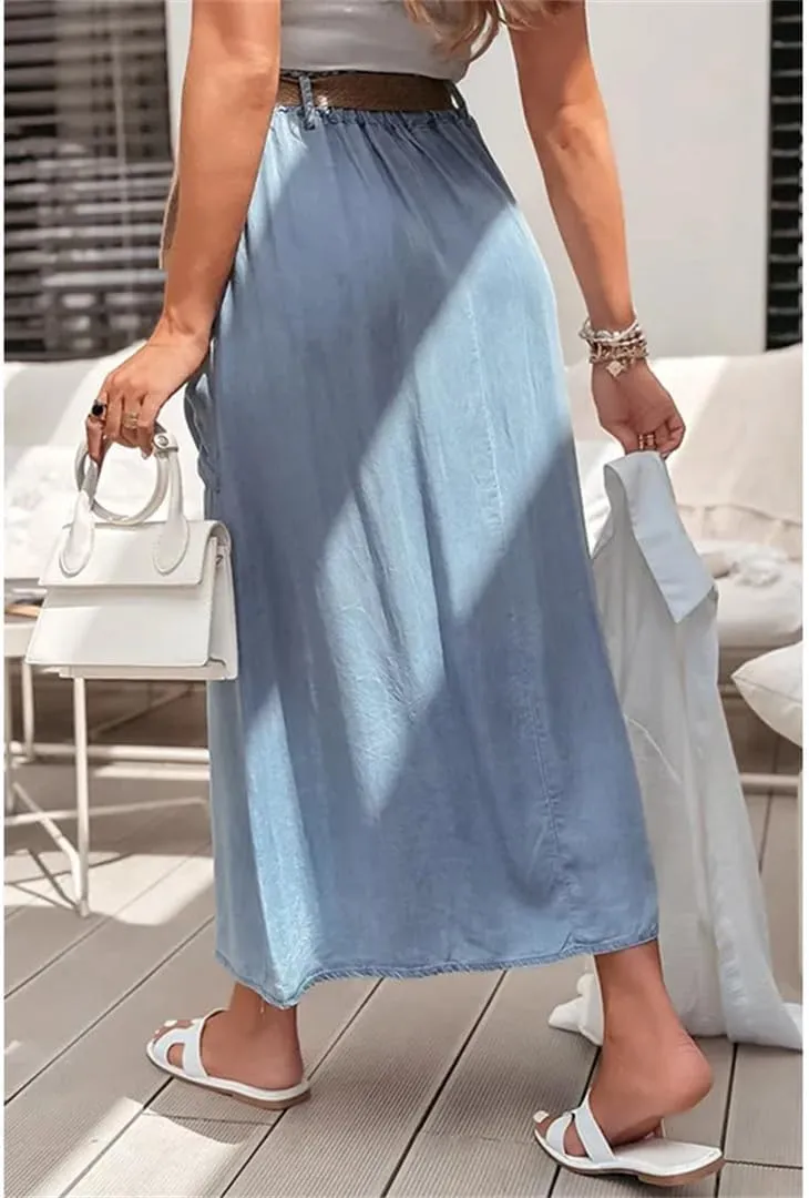 Women's Boho Summer Denim Blue Skirts Solid Color Button Down Maxi Holiday Bottoms Beach Skirts