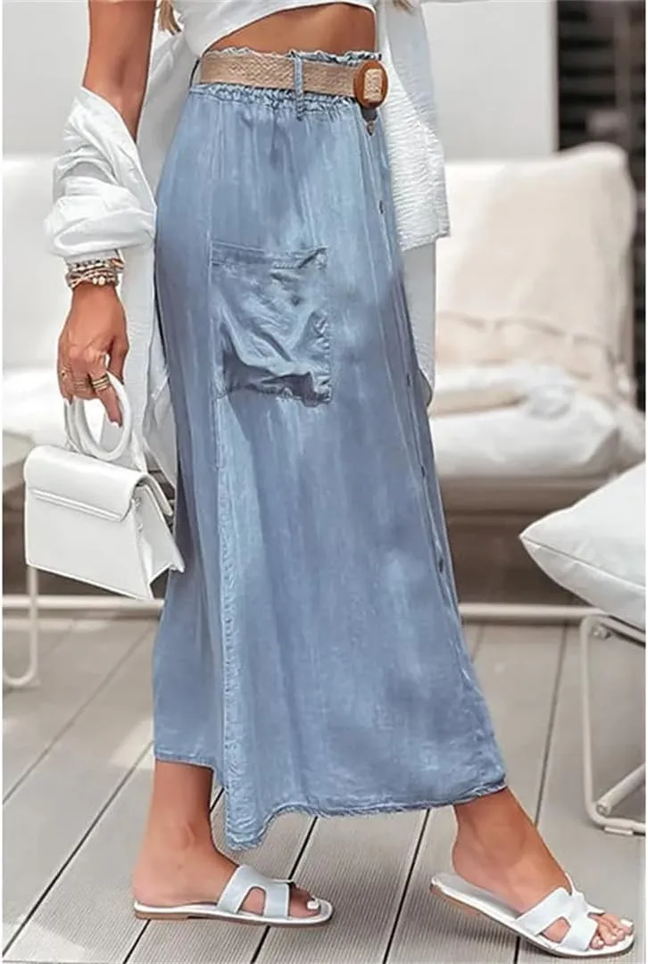 Women's Boho Summer Denim Blue Skirts Solid Color Button Down Maxi Holiday Bottoms Beach Skirts
