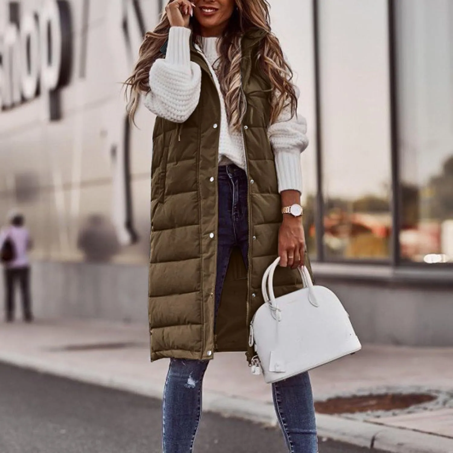 Womens Casual Hooded Down Coat Slim Temperament Puffer Jacket Vest Button Zipper Outwear Outdoor Travel Gilet Overcoat
