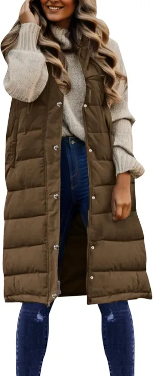 Womens Casual Hooded Down Coat Slim Temperament Puffer Jacket Vest Button Zipper Outwear Outdoor Travel Gilet Overcoat