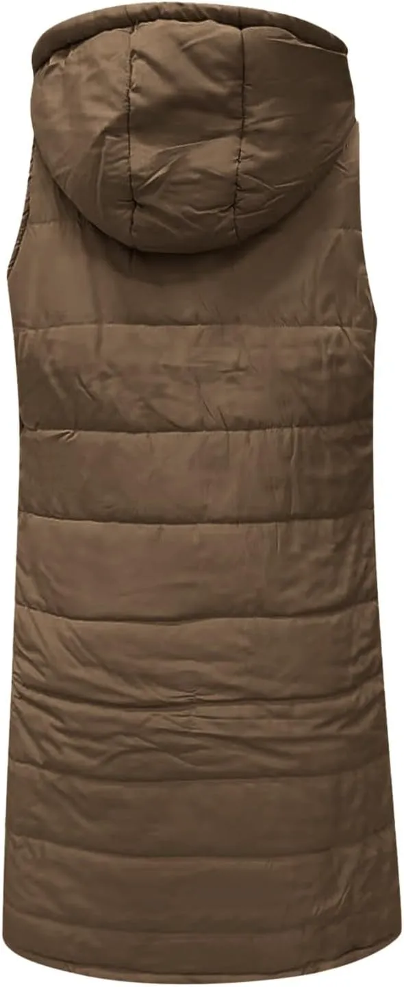 Womens Casual Hooded Down Coat Slim Temperament Puffer Jacket Vest Button Zipper Outwear Outdoor Travel Gilet Overcoat
