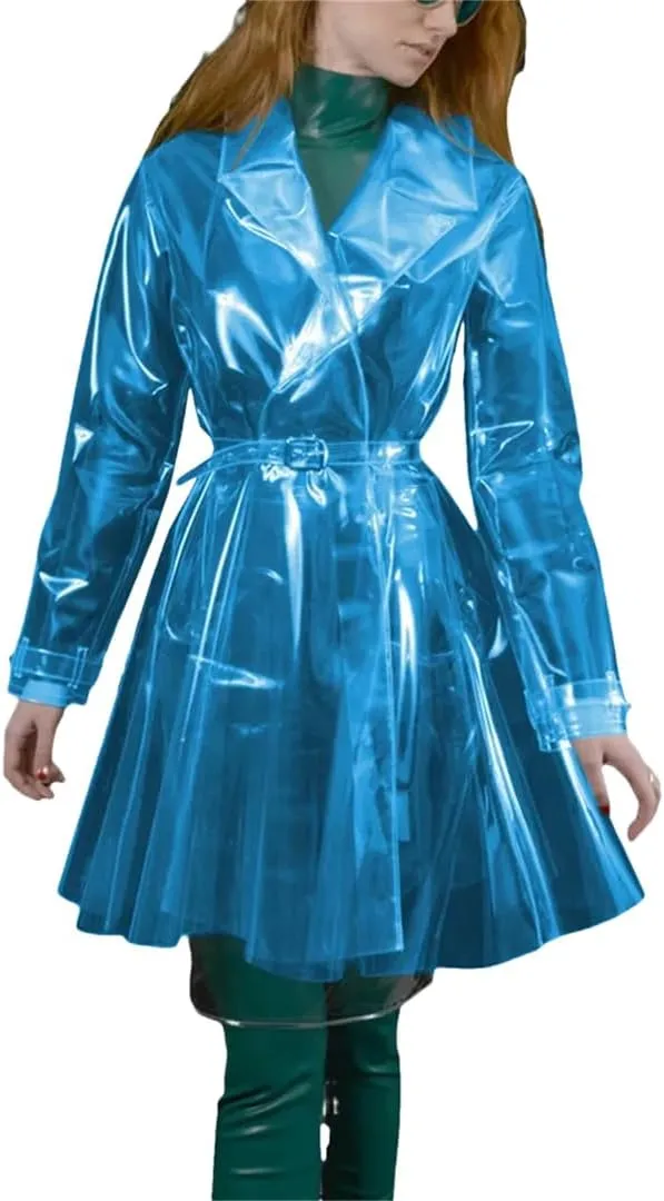 Women’S Clear PVC Trench Rain Poncho Coat Belted Clubwear Night Party Jacket