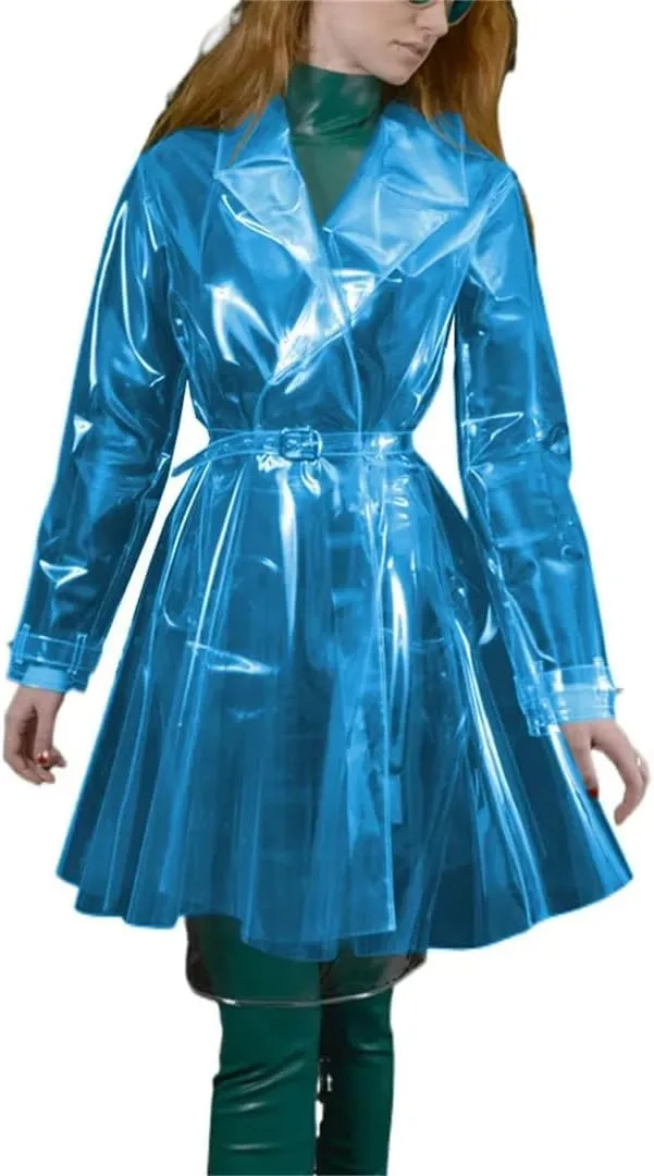 Women’S Clear PVC Trench Rain Poncho Coat Belted Clubwear Night Party Jacket