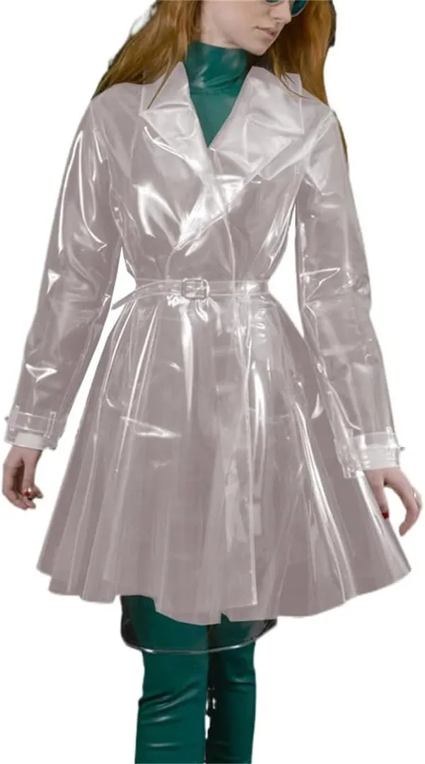 Women’S Clear PVC Trench Rain Poncho Coat Belted Clubwear Night Party Jacket