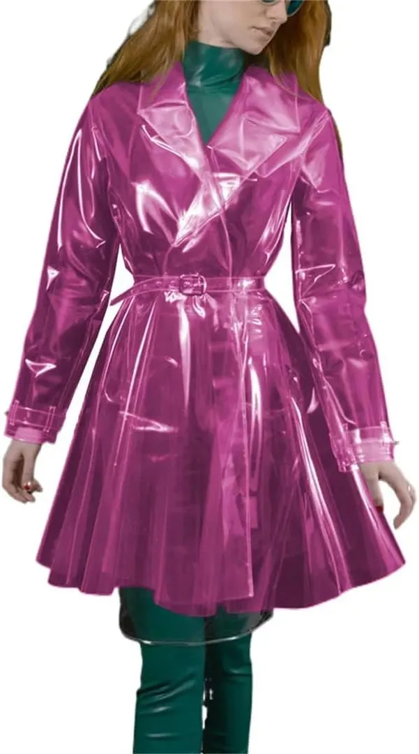 Women’S Clear PVC Trench Rain Poncho Coat Belted Clubwear Night Party Jacket