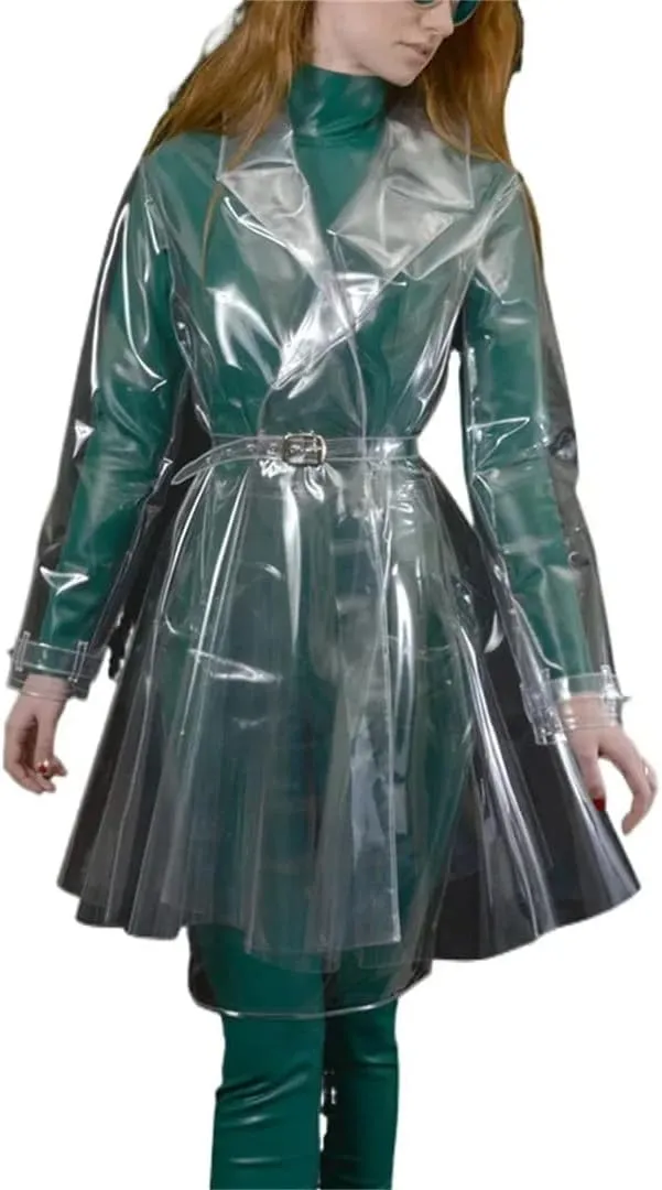 Women’S Clear PVC Trench Rain Poncho Coat Belted Clubwear Night Party Jacket