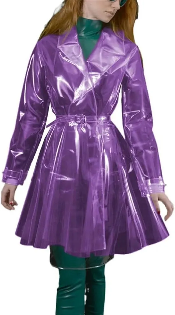Women’S Clear PVC Trench Rain Poncho Coat Belted Clubwear Night Party Jacket