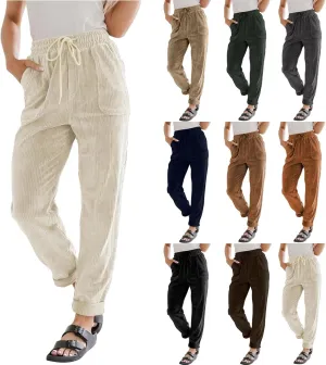 Women's Corduroy Pants Casual Drawstring Elastic High Waist Straight Leg Bottoms Fall Winter Comfy Trousers