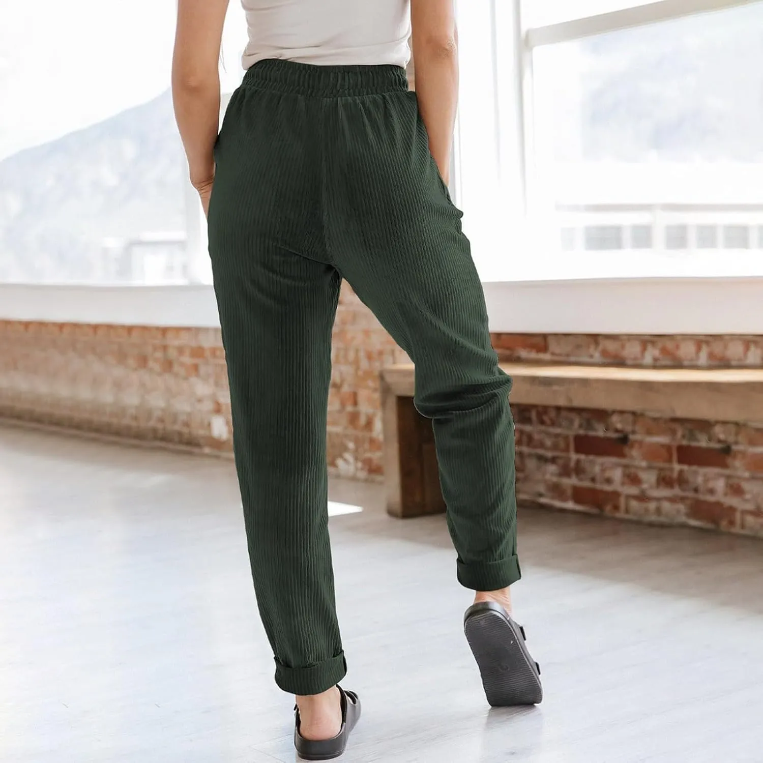 Women's Corduroy Pants Casual Drawstring Elastic High Waist Straight Leg Bottoms Fall Winter Comfy Trousers