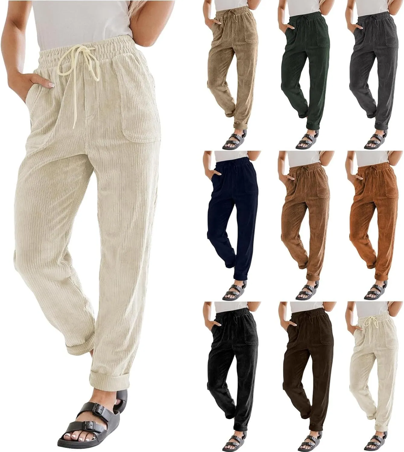 Women's Corduroy Pants Casual Drawstring Elastic High Waist Straight Leg Bottoms Fall Winter Comfy Trousers