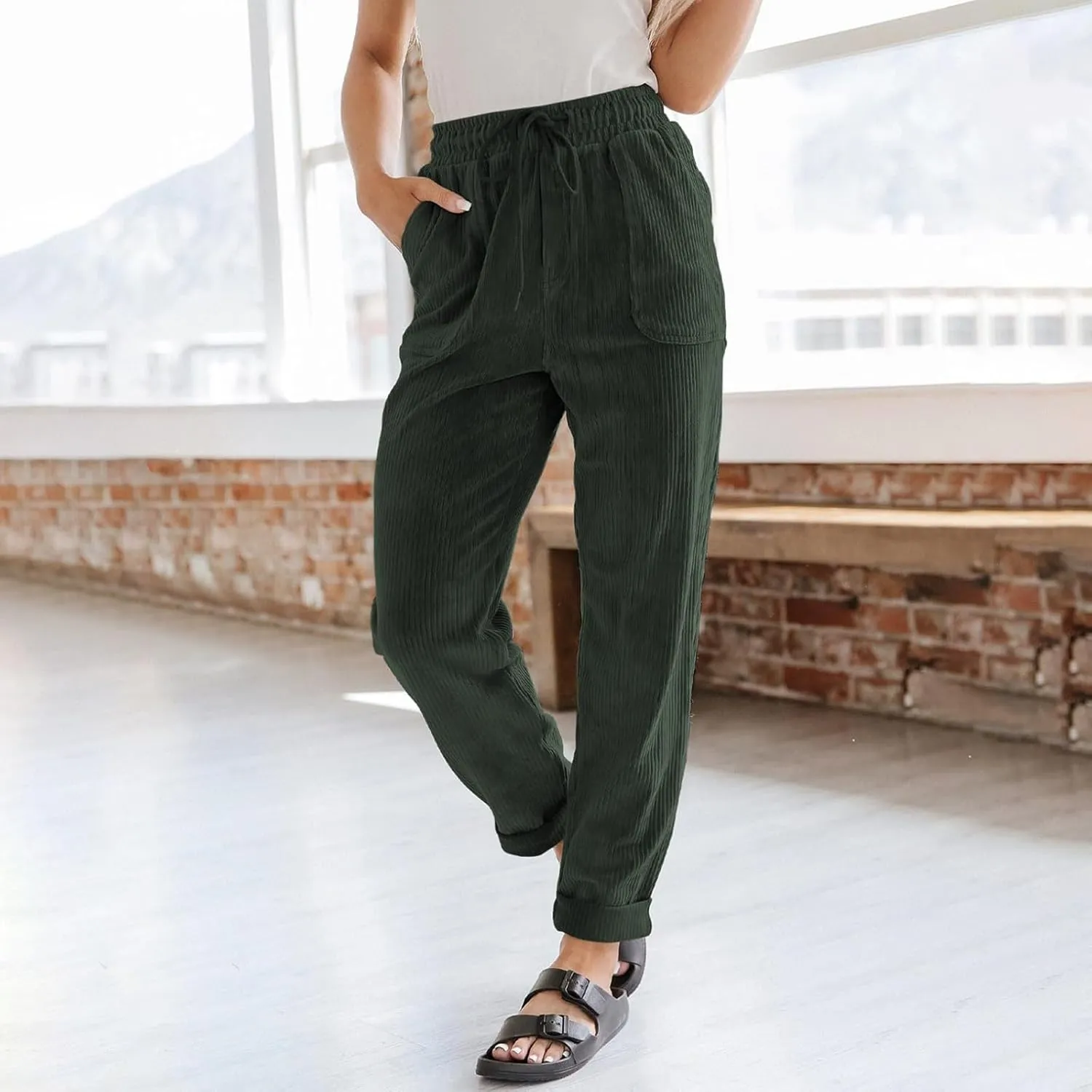 Women's Corduroy Pants Casual Drawstring Elastic High Waist Straight Leg Bottoms Fall Winter Comfy Trousers