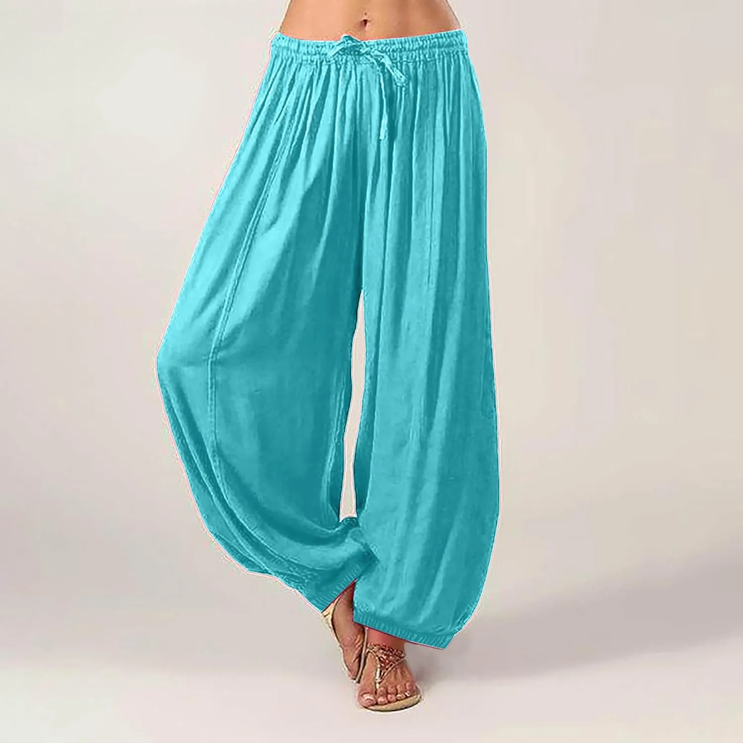 Women's Cotton Linen Harem Pant Plus Size Hippie Boho Yoga Pants Baggy Summer Wide Leg Lounge Bottoms