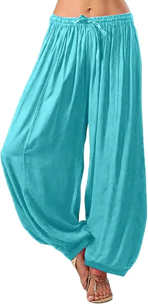 Women's Cotton Linen Harem Pant Plus Size Hippie Boho Yoga Pants Baggy Summer Wide Leg Lounge Bottoms
