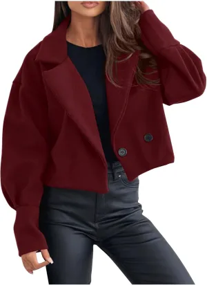 Womens Cropped Coat Wool Blend Long Sleeve Lapel Collar Solid Pea Coat Baggy Comfy Business Office Work Outerwear