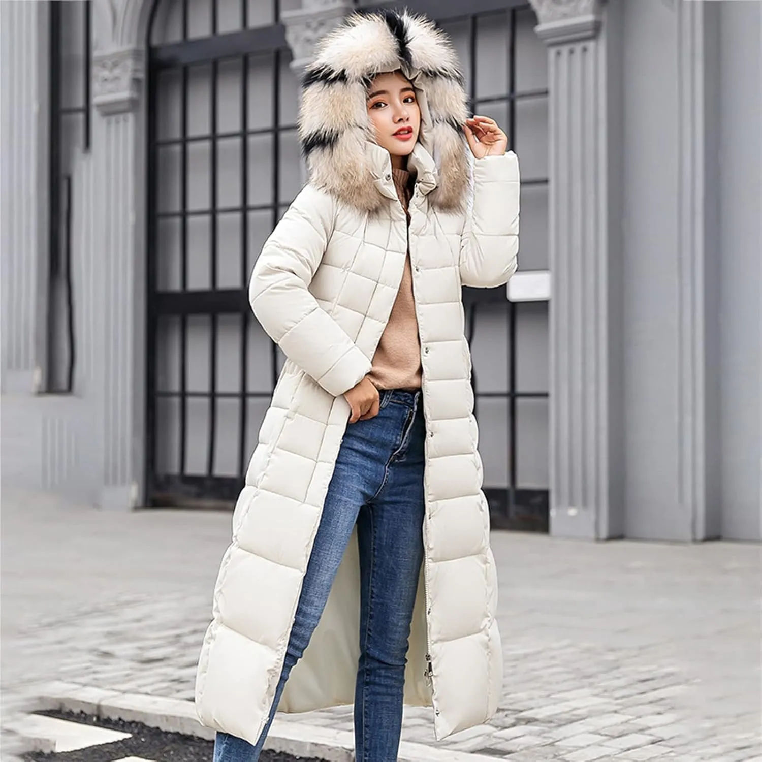 Womens Fashion Elegant Puffer Jacket Oversized Hooded Down Coat with Belt Casual Long Sleeve Outing Quilted Outwear