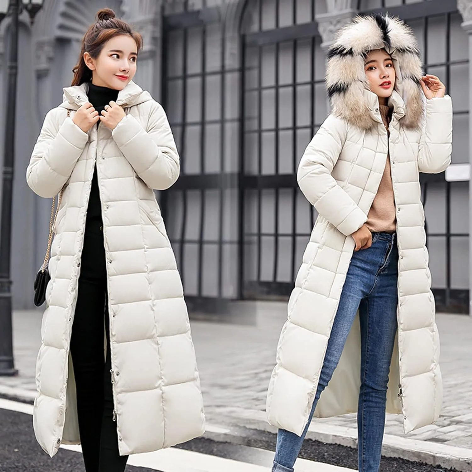 Womens Fashion Elegant Puffer Jacket Oversized Hooded Down Coat with Belt Casual Long Sleeve Outing Quilted Outwear