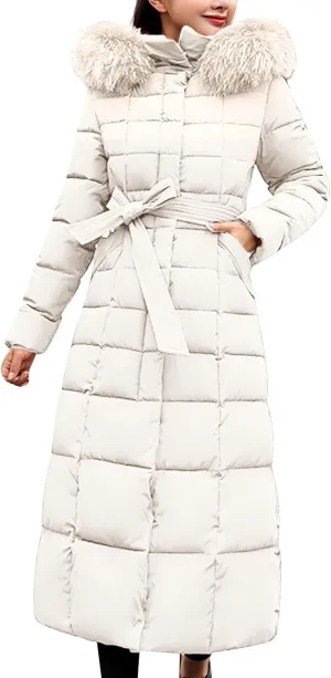 Womens Fashion Elegant Puffer Jacket Oversized Hooded Down Coat with Belt Casual Long Sleeve Outing Quilted Outwear