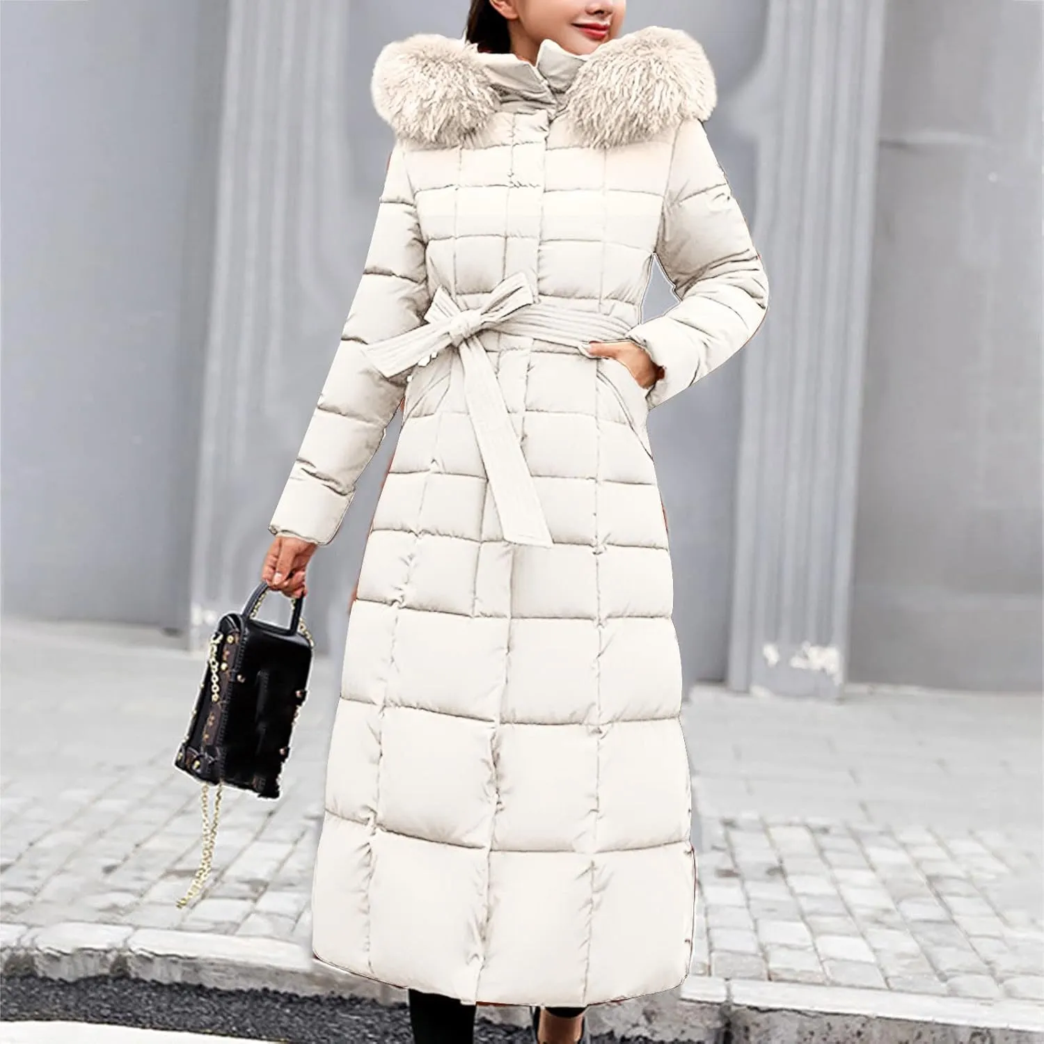Womens Fashion Elegant Puffer Jacket Oversized Hooded Down Coat with Belt Casual Long Sleeve Outing Quilted Outwear