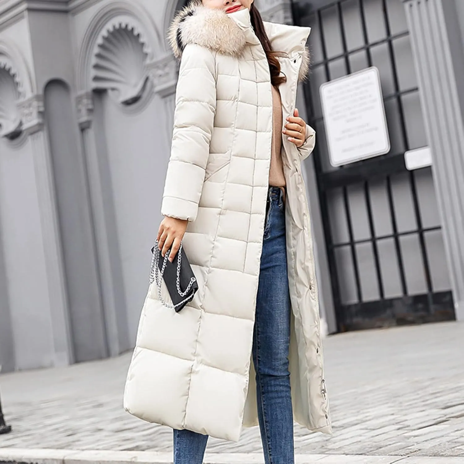 Womens Fashion Elegant Puffer Jacket Oversized Hooded Down Coat with Belt Casual Long Sleeve Outing Quilted Outwear