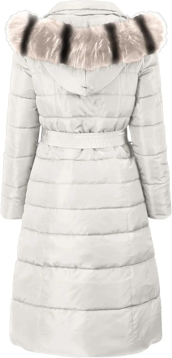 Womens Fashion Elegant Puffer Jacket Oversized Hooded Down Coat with Belt Casual Long Sleeve Outing Quilted Outwear