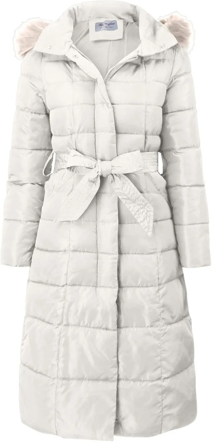 Womens Fashion Elegant Puffer Jacket Oversized Hooded Down Coat with Belt Casual Long Sleeve Outing Quilted Outwear