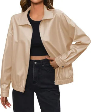 Women's Faux Leather Jackets Oversized Zip Up Long Sleeve Coats Fall Fashion Moto Biker Coat with Pockets