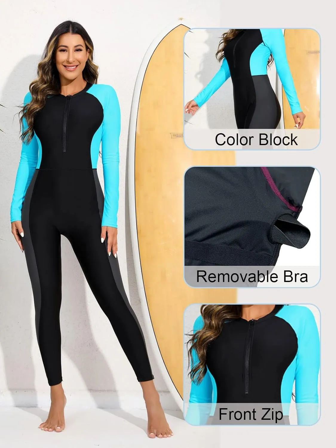 Womens Full Body Zip Front Rash Guard Long Sleeve One Piece Bathing Suit with Built in Bra UPF50  Surf Swimsuit