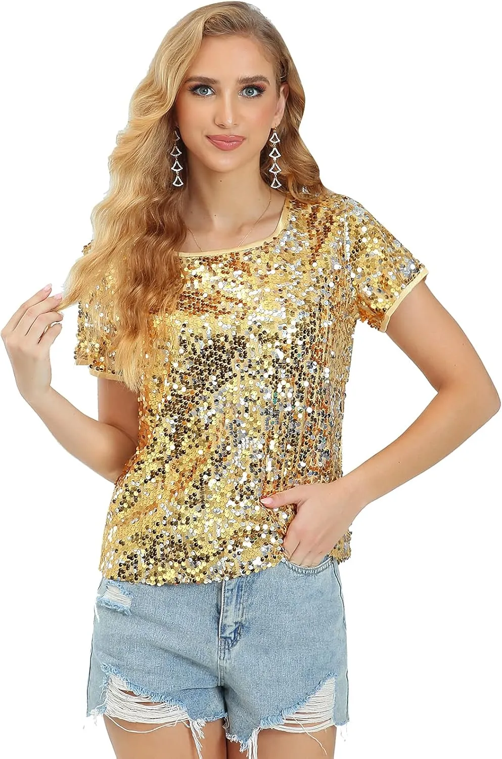 Womens Full Sequin Sparkle Tops Shimmer Glitter Round Neck Short Sleeve Shirt Summer Disco Party Tee Shirts Tunic Blouse