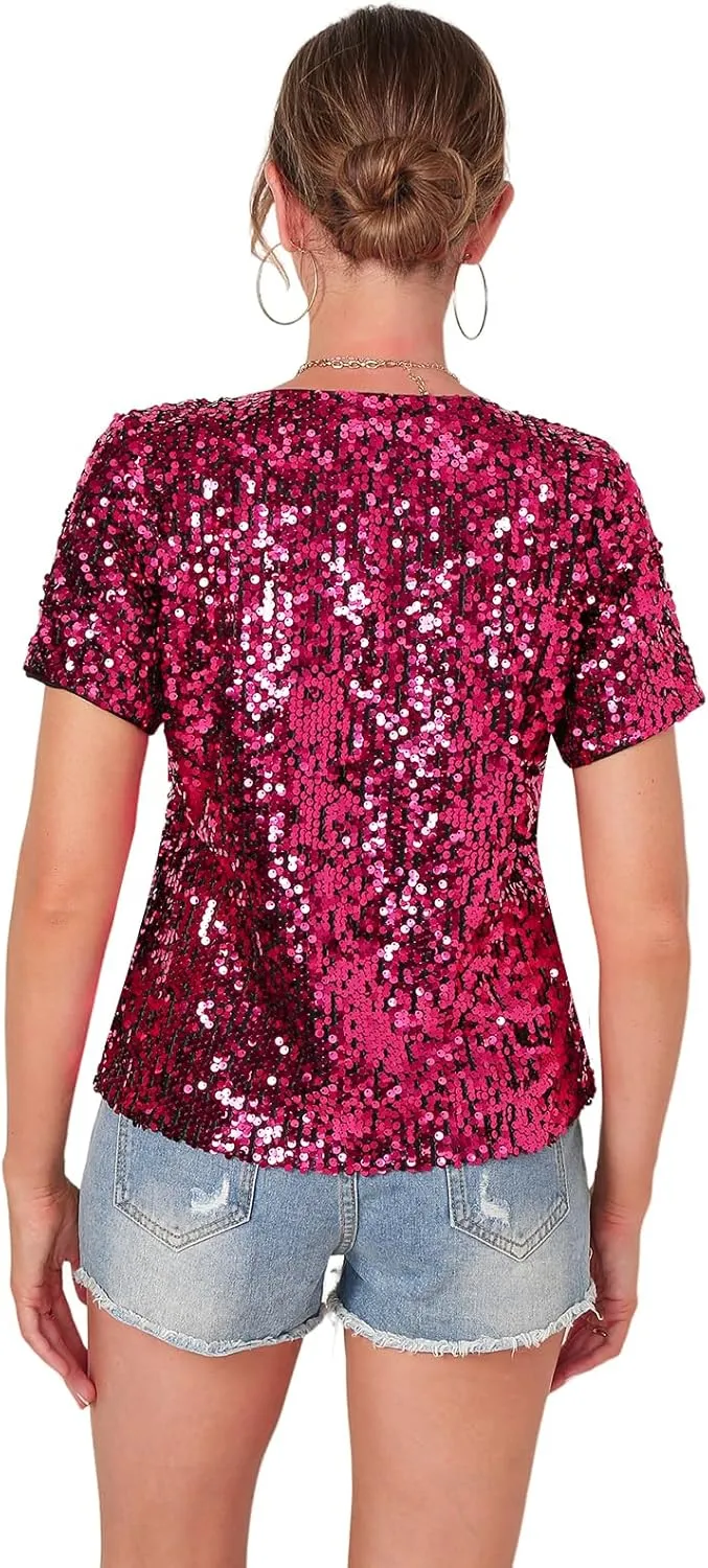 Womens Full Sequin Sparkle Tops Shimmer Glitter Round Neck Short Sleeve Shirt Summer Disco Party Tee Shirts Tunic Blouse