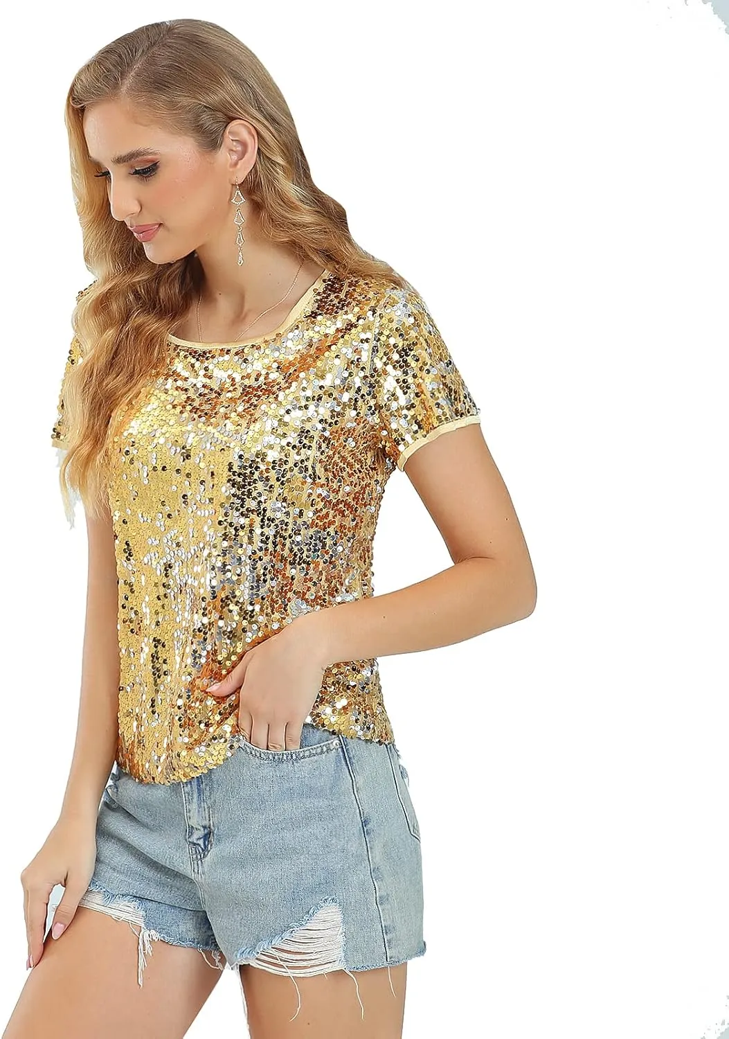 Womens Full Sequin Sparkle Tops Shimmer Glitter Round Neck Short Sleeve Shirt Summer Disco Party Tee Shirts Tunic Blouse