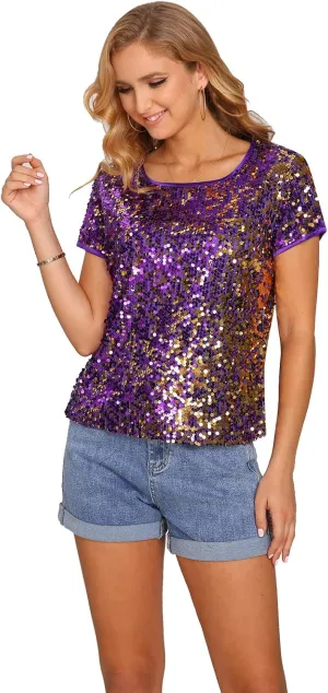 Womens Full Sequin Sparkle Tops Shimmer Glitter Round Neck Short Sleeve Shirt Summer Disco Party Tee Shirts Tunic Blouse