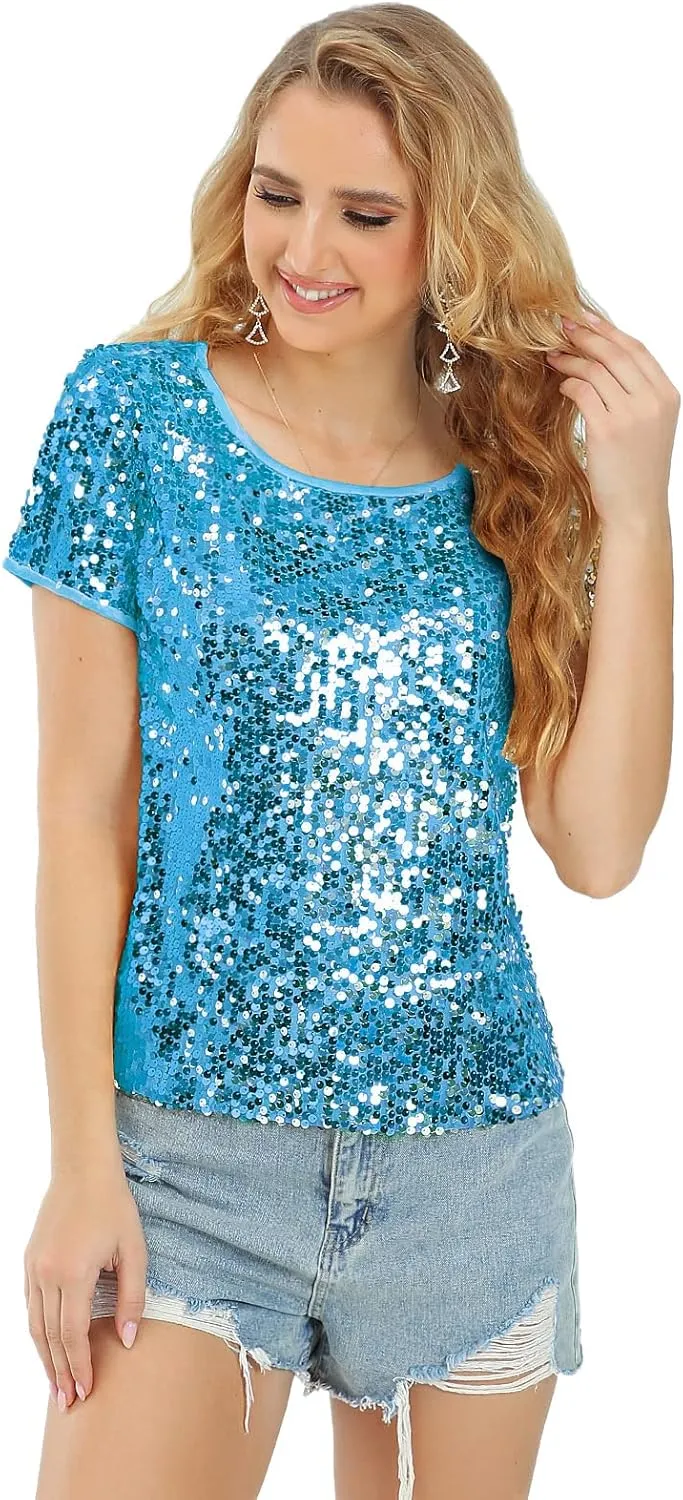 Womens Full Sequin Sparkle Tops Shimmer Glitter Round Neck Short Sleeve Shirt Summer Disco Party Tee Shirts Tunic Blouse