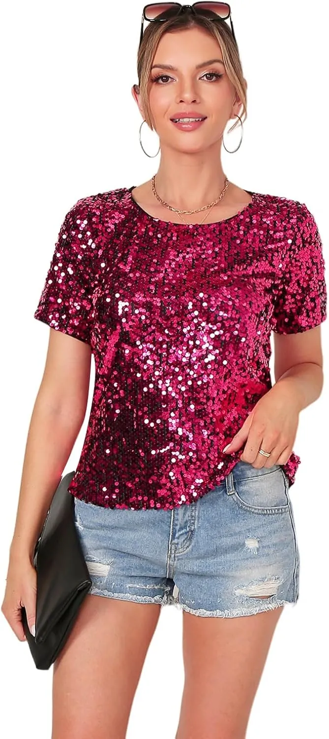 Womens Full Sequin Sparkle Tops Shimmer Glitter Round Neck Short Sleeve Shirt Summer Disco Party Tee Shirts Tunic Blouse