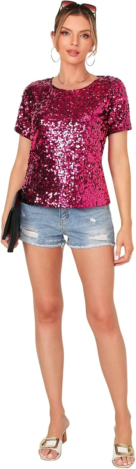 Womens Full Sequin Sparkle Tops Shimmer Glitter Round Neck Short Sleeve Shirt Summer Disco Party Tee Shirts Tunic Blouse
