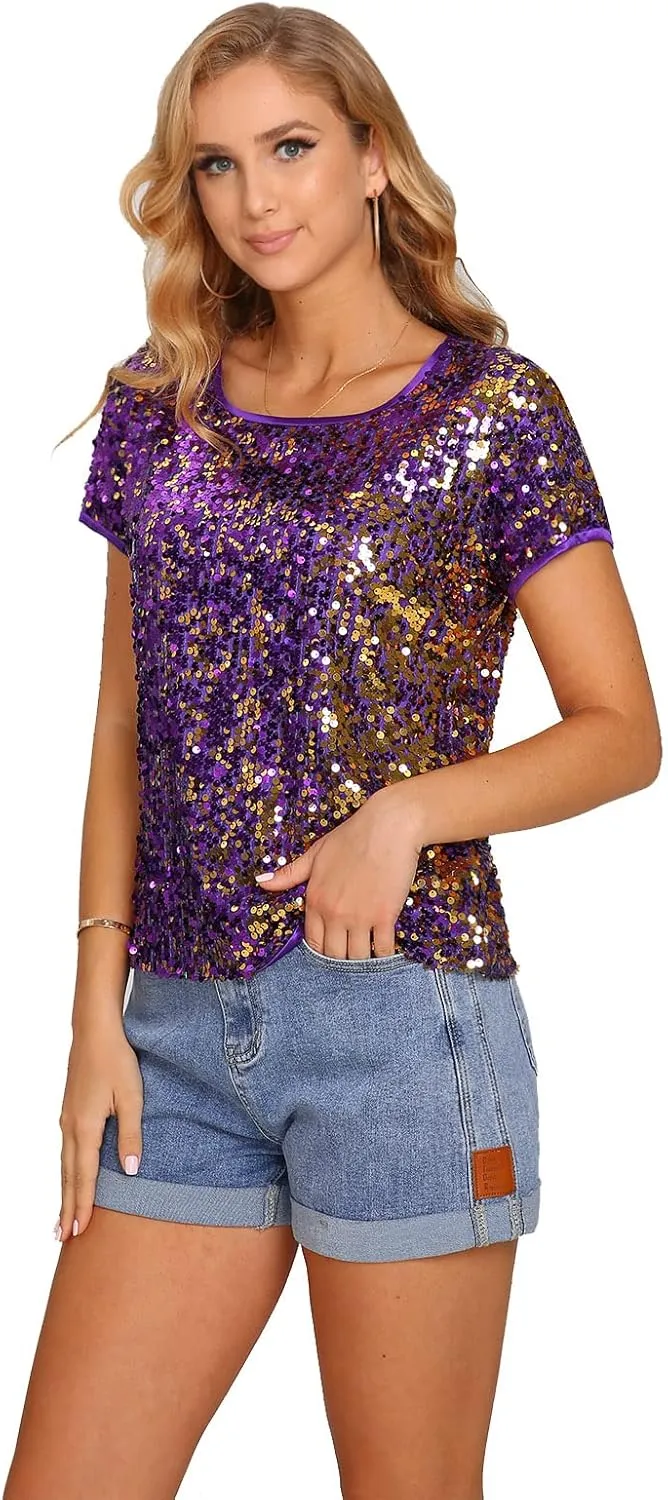 Womens Full Sequin Sparkle Tops Shimmer Glitter Round Neck Short Sleeve Shirt Summer Disco Party Tee Shirts Tunic Blouse